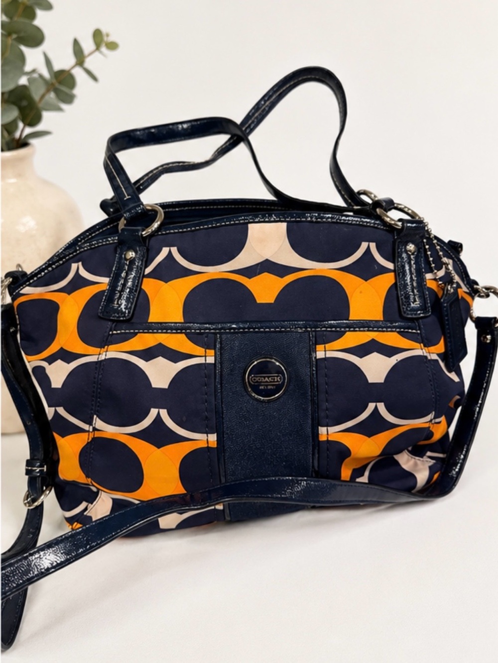 RARE! Coach Navy, Orange & Cream Signature Dome Satchel